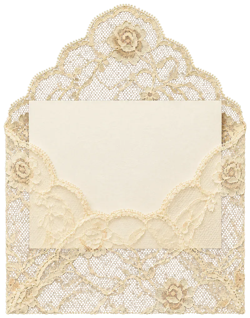 An open envelope made of ivory lace, holding a blank cream card