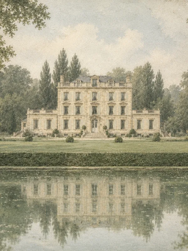 A painted château reflected in still water